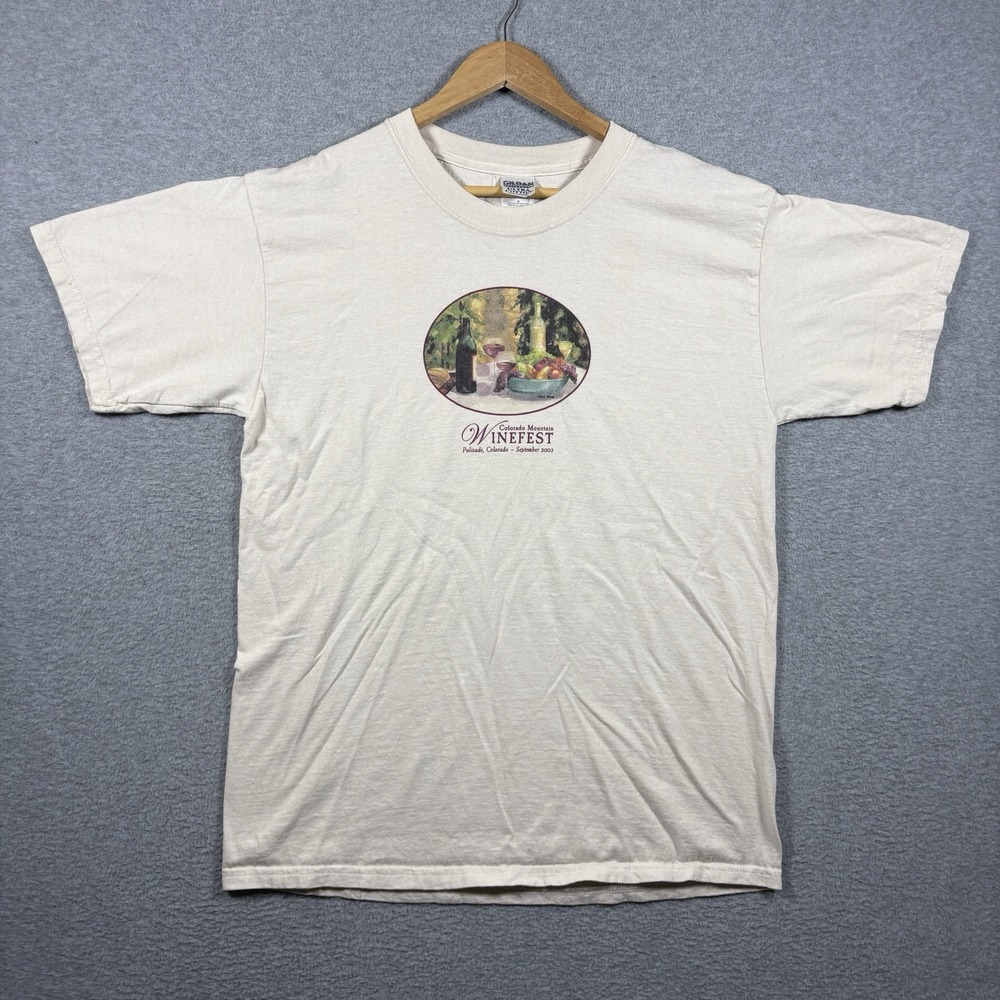 Vintage 2003 Colorado Mountain Winefest T Shirt Mens Large Cream Wine Fruit Art